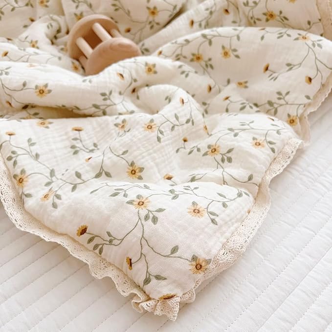 BuLuTu Cotton Muslin Toddler Comforter Shabby Chic Floral Design Twin Bed Blankets for Children Soft Lightweight Girls Boys Quilted Blanket, Wildflower Pattern, 60"x78"