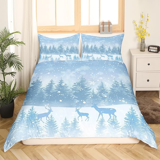 Manfei Blue Glitter Duvet Cover Set Full Size, Xmas Trees Deers Snowflakes Print Comforter Cover with 2 Pillowcases, New Year Theme Bedding Set 3pcs for Kids Girls Teens Bedroom Decor,No Comforter