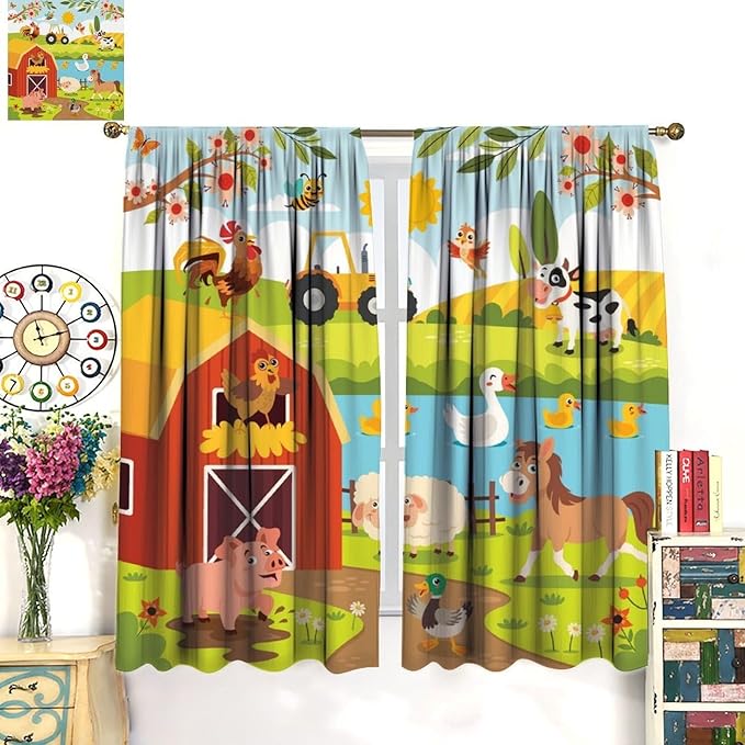 Farmhouse Curtains, Farm Scene Cartoon Animals Pattern Blackout Window Treatments, Rod Pocket Thermal Insulated Drapes 2 Panel Sets for Children Boys Bedroom Nursery Classroom, 52" W X 84" L