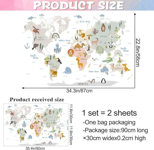 Animal World Map Wall Decals Jungle Animal Wall Stickers Forest Wild Animals Elephant Monkey Wall Art Vinyl DIY Removable Peel and Stick for Kids Boys Bedroom Nursery Classroom Home Decoration