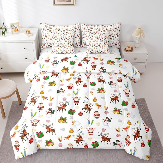 Christmas Kids Bed Set Cute Snowman Santa Claus Bed in a Bag Boys Girls Cute Reindeer Comforter Set with Sheets Christmas Bells Cartoon Design Bedding Set Bedroom Collection Full Size