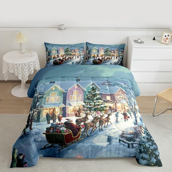 Feelyou Watercolor Christmas Comforter Set Full Size Santa Claus Bedding Set for Kids Boys Girls Reindeer Sled Duvet Quilt Xmas Tree Bedroom Decor Microfiber 3 Pcs with 2 Pillow Cases