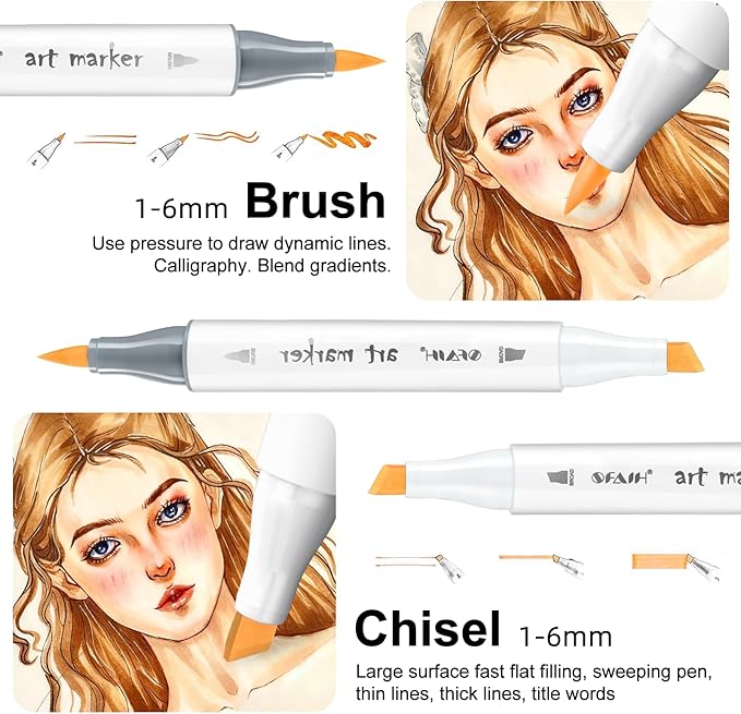SFAIH Skin Tone Alcohol Markers Brush & Chisel - 11 Light Portrait Colors+Mixed Color 0, Blendable & Refillable Permanent Art Markers for Adults/Teen/Artists/Creators & Illustrators