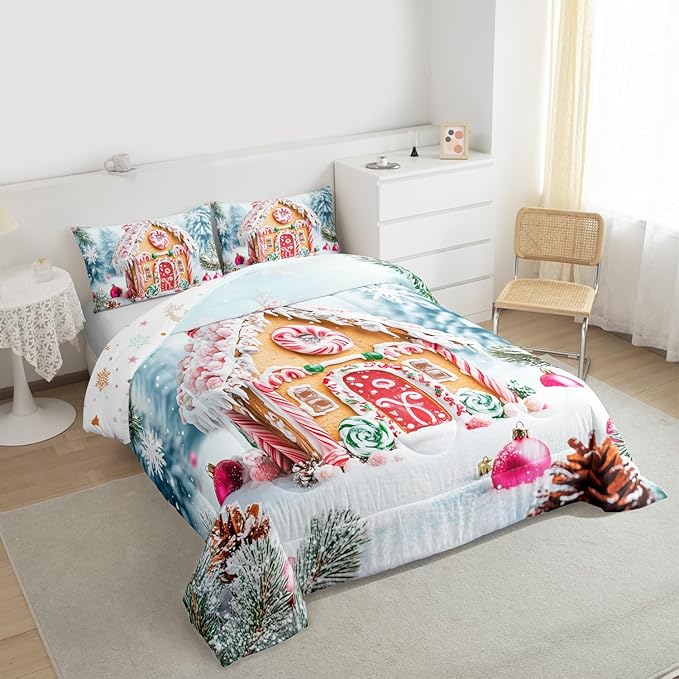 Feelyou Christmas Snowscape House Landscape Bedding Set Soft for Boys Girls,Gingerbread House Comforter Set Queen Size Candy Canes Duvet Quilt Pine Branches Bedroom Decor 3 Pcs with 2 Pillow Cases