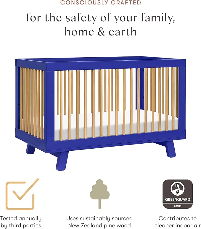 Babyletto Hudson 3-in-1 Baby Crib Convertible to Toddler Bed & Daybed - GREENGUARD Gold Certified - 4 Adjustable Heights - Made of 100% Solid Wood - Includes Toddler Conversion Kit - Cobalt & Honey