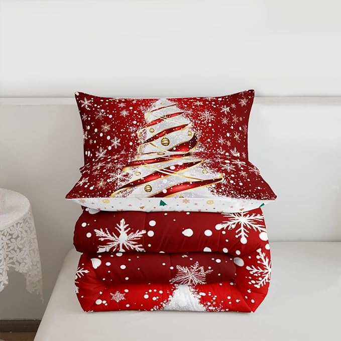 Feelyou Merry Christmas Comforter Set Queen Size Christmas Tree Bedding Set for Kids Boys Girls Snowflake Duvet Quilt Winter Bedroom Decor Microfiber 3 Pcs with 2 Pillow Cases