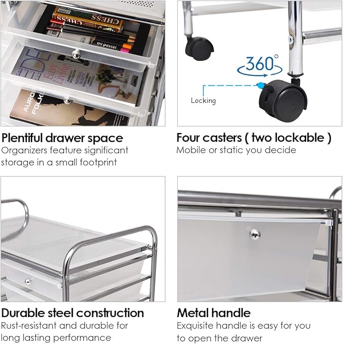 RELAX4LIFE Storage Drawer Carts W/15-Drawer,Rolling Wheels Semi-Transparent Multipurpose Mobile Rolling Utility Cart for School, Office, Home, Beauty Salon Storage Organizer Cart (Clear)