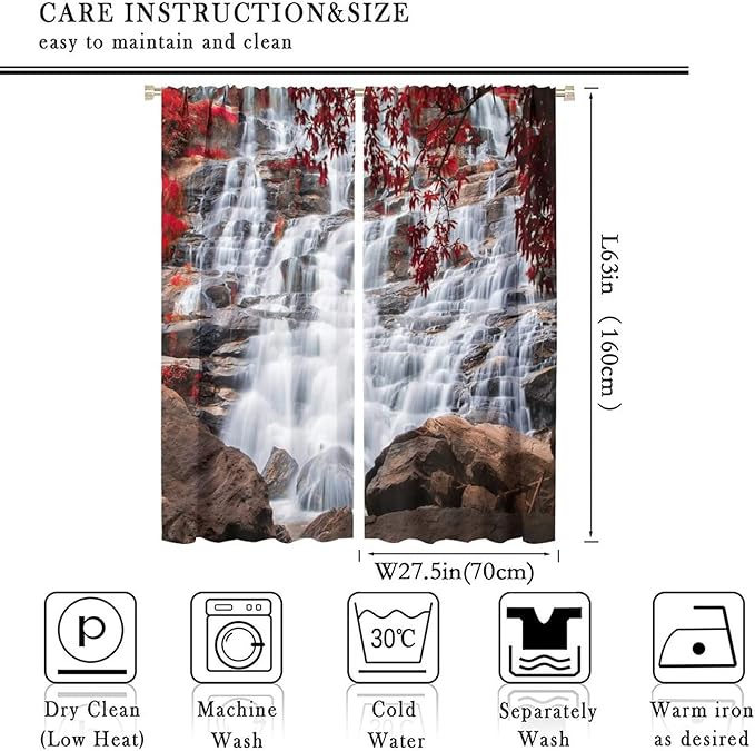 Waterfall Blackout Windows Curtains, Waterfall Red Forest Pattern Nature View Curtains, for Living Room Bedroom 55x63in 2 Panels