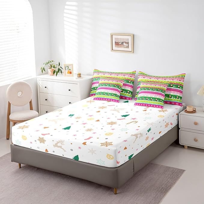 Feelyou Christmas Bed Set Snowman Christmas Reindeer Print Comforter Set with Sheets Xmas Santa Claus Bed in a Bag for Kids Girls New Year Theme Bedding Set Bedding King Size