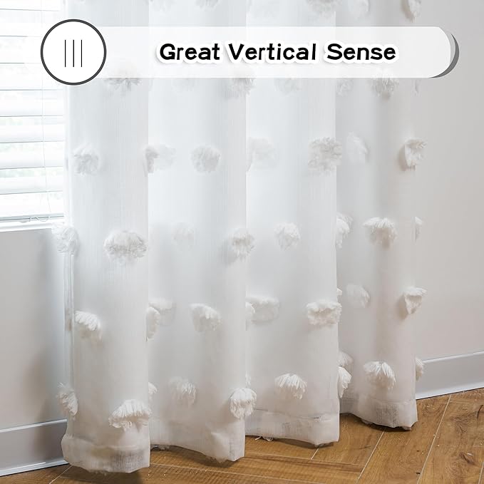 MYSKY HOME Light Blocking White Curtains for Living Room White Sheer Pom Pom Kids Room Decor Drapes 102 Inches Long Double Layer Curtain for Sliding Door Grommet Window Panels Set of 2 52" x 102"