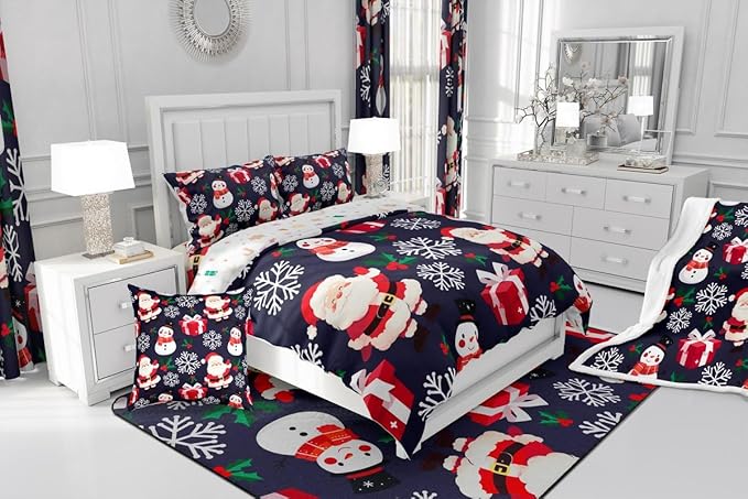 jejeloiu Merry Christmas Comforter Set Toddler Size Xmas Santa Claus Bedding Set for Kids Boys Girls Cute Snowman Duvet Quilt Dark Blue Bedroom Decor
