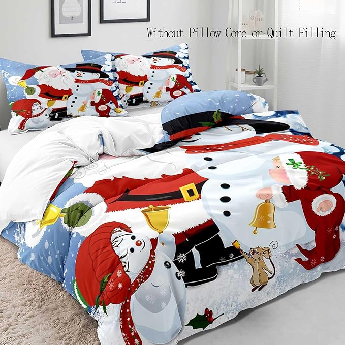 LUVIVIHOME 3PCS Christmas Duvet Cover Queen Bedding, Boys Girls Kids Bedding, Cartoon Cute Snowman Santa Claus Winter Holiday New Year Xmas Christmas Comforter Bedspread Quilt Cover, 2 Pillow Cases