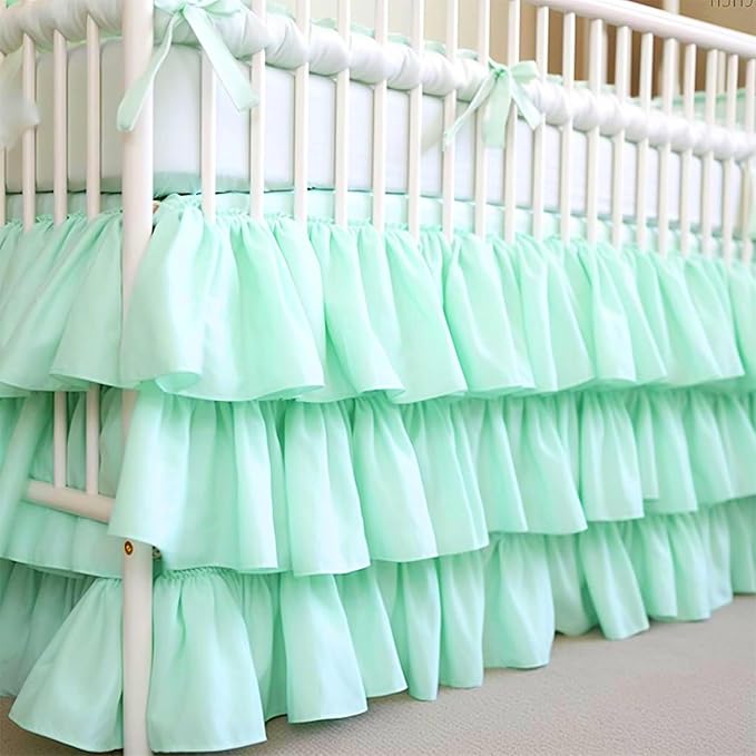 Ruffled Crib Bed Skirt: 3 Tiered Ruffled Crib Skirt Baby Girl Nursery Toddler Bedding Dust Ruffle, 17.7" Deep Drop- Fits Standard Cribs,28"x 52" (Green)