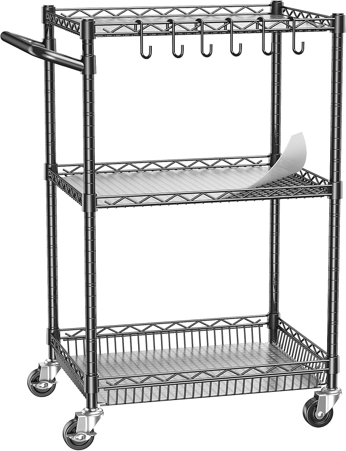 Rolling Utility Storage Carts with Wheels 3 Tier Heavy Duty Metal Cart 750Lbs Capacity Adjustable Kitchen Organizer Cart with Handle & Shelf Liner Commercial Grade Trolley for Indoor & Outdoor Use