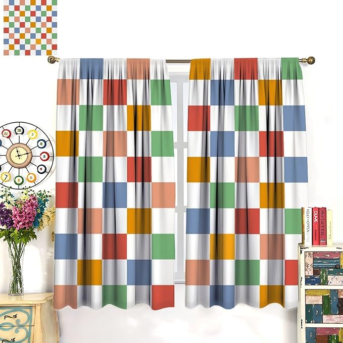 Retro Checkered Curtains,70s Vintage Twisted Checkered Window Drapes Colorful Groovy Trendy Wavy Hippie Grid Print Window Treatments for Kids Girls Bedroom Living Room Bathroom 84" W X 84" L