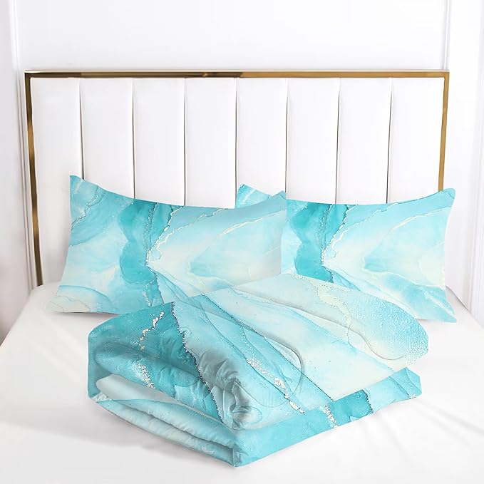 Blue Twin Comforter Set: Twin Size Light Blue Marble Bedding Sets for Teens Girls Kids Abstract Glitter Marbling Quilt Duvet Bed Set 1 Comforter & 1 Pillow Case