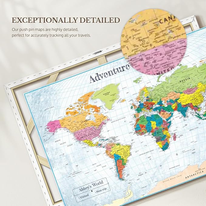 ElephantStock - Personalized Adventure Awaits IV Push Pin World Map Wall Art - Horizontal Canvas Wall Art - Living Room Wall Decor - Digital Art Map Canvas Art - Blue And Green Decor - 45" x 30"