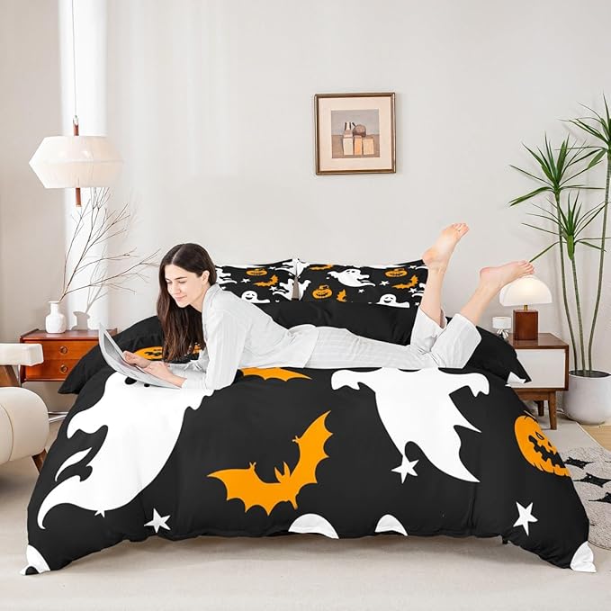 Halloween Bedding Duvet Cover Set Kids Cartoon Ghost Pumpkin Lantern Bedding Set Kids Trick or Treat Decor Comforter Cover Set Microfiber Bat Galaxy Night Bedspread Cover Bedroom Bedclothes Toddler