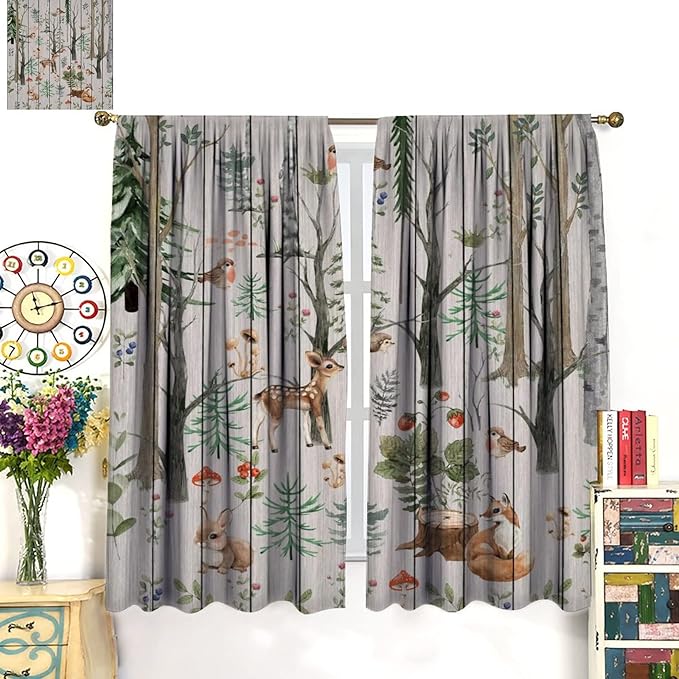 Forest Animal Curtains,Winter Dry Branches Pine Tree Moose Bear Animal Print Curtains for Children Boys and Girls Bedroom Living Room 42x45 Inch
