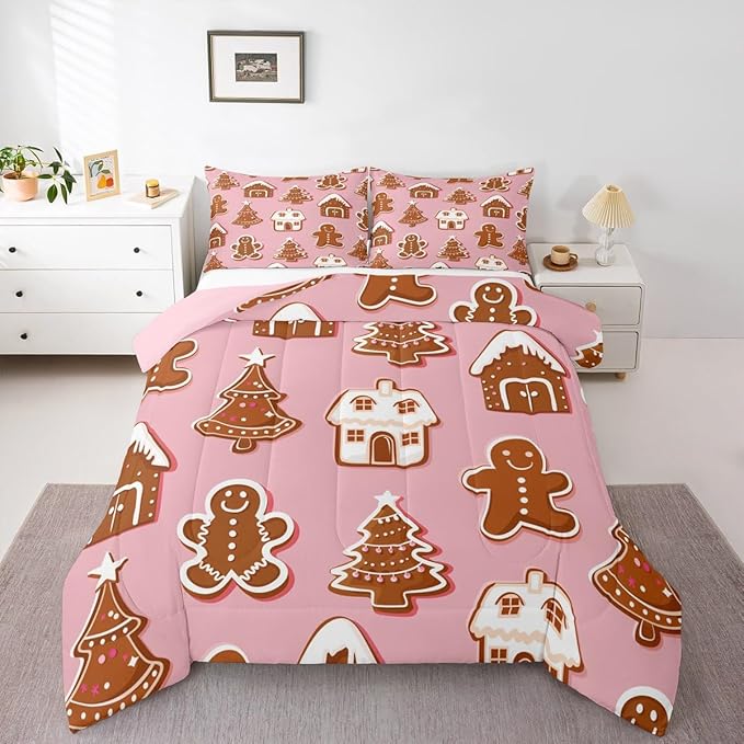 Feelyou Christmas Comforter Set Queen Size Gingerbread Man Bedding Set for Kids Boys Girls Snowflake Duvet Quilt Xmas Tree Bedroom Decor Microfiber 3 Pcs with 2 Pillow Cases