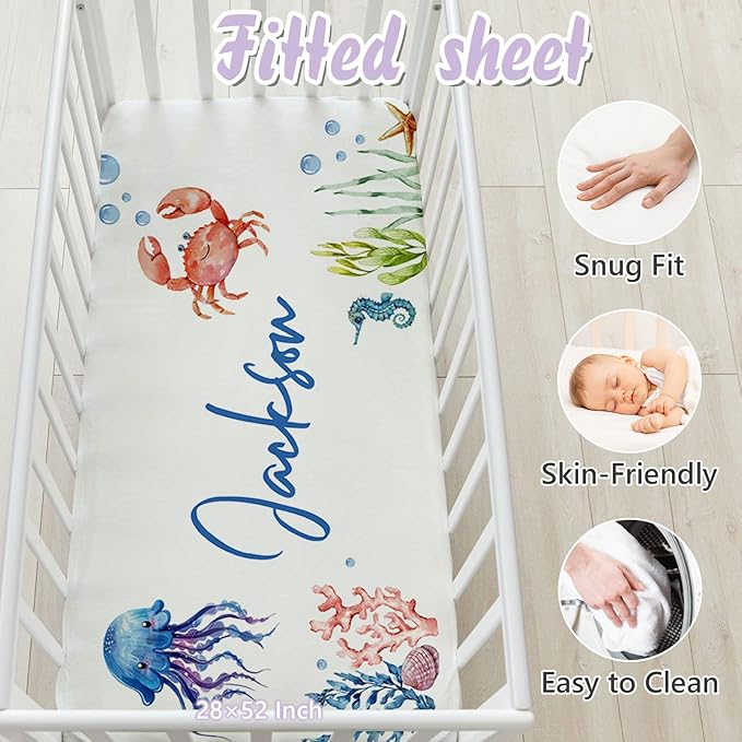 Personalized Baby Crib Bedding Set, 5 Pcs Custom Name Nursery Bedding Set for Girls Boys, Ocean Animals Baby Crib Set for Toddlers Infants, Double Layer Bedding Crib Sets Customized Gifts