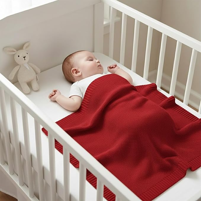Baby Knit Blanket Soft Cotton Lightweight Newborn Blanket for Crib Stroller Toddler Nursery Shower Gift Cozy Breathable Travel Swaddle Wrap Red 30 x 30 Inches