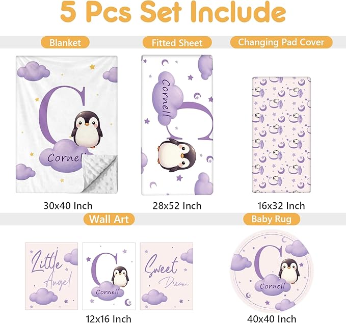 Custom Baby Bedding Set, 5 Pcs Personalized Baby Crib Sets with Name, Toddler Bedding Set for Baby Girl Boy, Purple Penguin Double Layer Nursery Bedding Set, Customized Gift for Infant Newborn