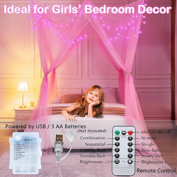 Lovelite Pink Bed Canopy with Lights for Girls, 8 Corners Post Canopy Bed Curtain with Pink LED Star Lights Remote Control for Girls Bedroom, Hanging Princess Canopy for Twin Full Queen King Bed