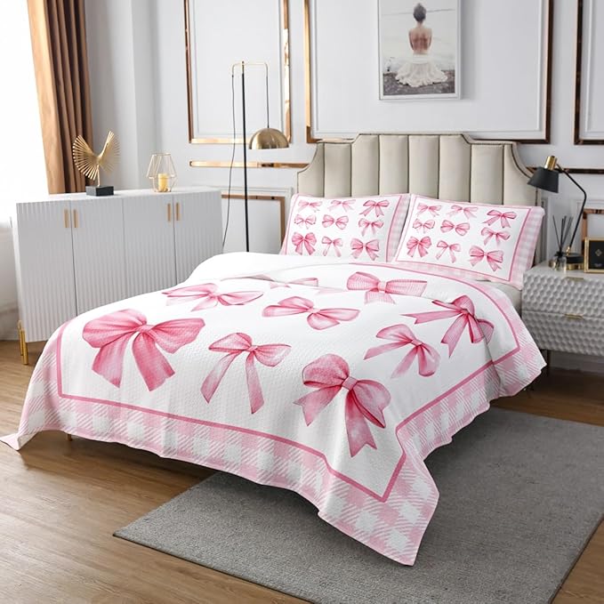 Pink Bowknot Kids Bedspread Twin Size,Geometric Plaids Grids Patchwork Fashion Coverlet Set,Girls Women Room Decor,Bow Tie Knot Princess Quilted Coverlet,Romantic Chic Bedding Quilt,1 Pillowcase