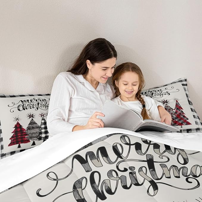 Christmas Trees Kids Comforter Set King Size,Geometric Grids Ink Tie-dye Bedding,Girls Boys Adults Bedroom/Xmas Cabin Decor,Rustic Vintage Down Comforter,Black Grey Retro Duvet Insert,2 Pillowcases