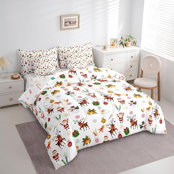 Feelyou Christmas Kids Bed Set Cute Snowman Santa Claus Bed in a Bag Boys Girls Cute Reindeer Comforter Set with Sheets Christmas Bells Cartoon Design Bedding Set Bedroom Collection King Size