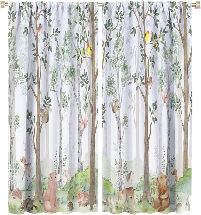 Kids Watercolor Woodland Animal Window Curtains, Bear Deer Squirrel Hedgehog Fox Birds Green Forest Blackout Rod Pocket Treatment for Boys Girls Bedroom 55x63in