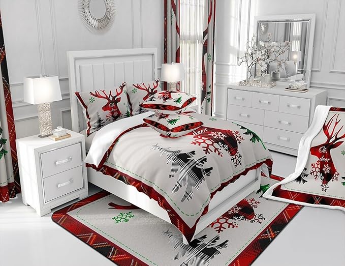 Manfei Xmas Deer Duvet Cover Set Twin Size, Christmas Tree Snowflake Print Comforter Cover with 1 Pillowcase, New Year Theme Bedding Set 2pcs for Kids Boys Girls Bedroom Decor,No Comforter