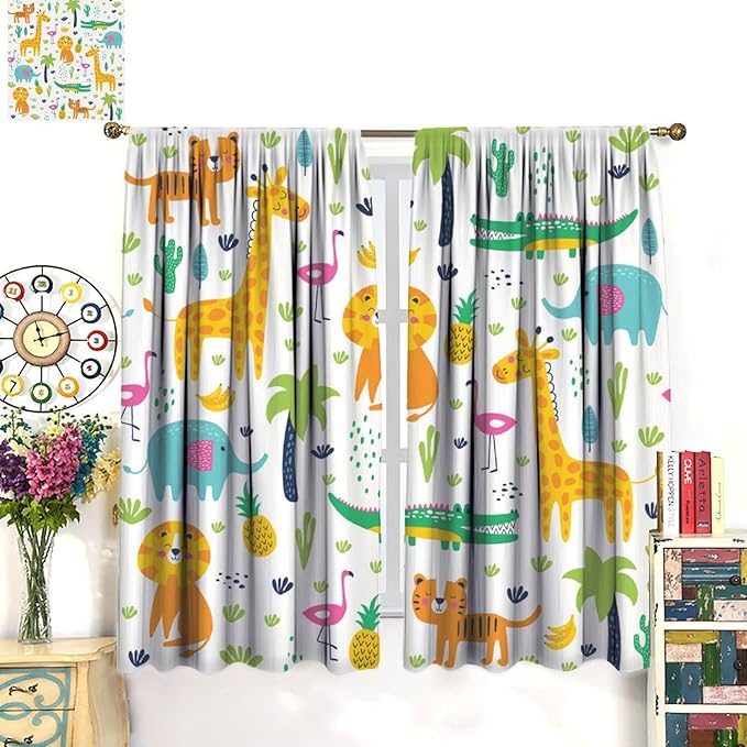Kids Animals Blackout Curtains Cartoon Cute Abstract Fun Tropical Animals Art Printed for Children Girls Boys Bedroom Nursery Rod Pocket Decoration Window Drapes 2 Panels W31.5xL72in