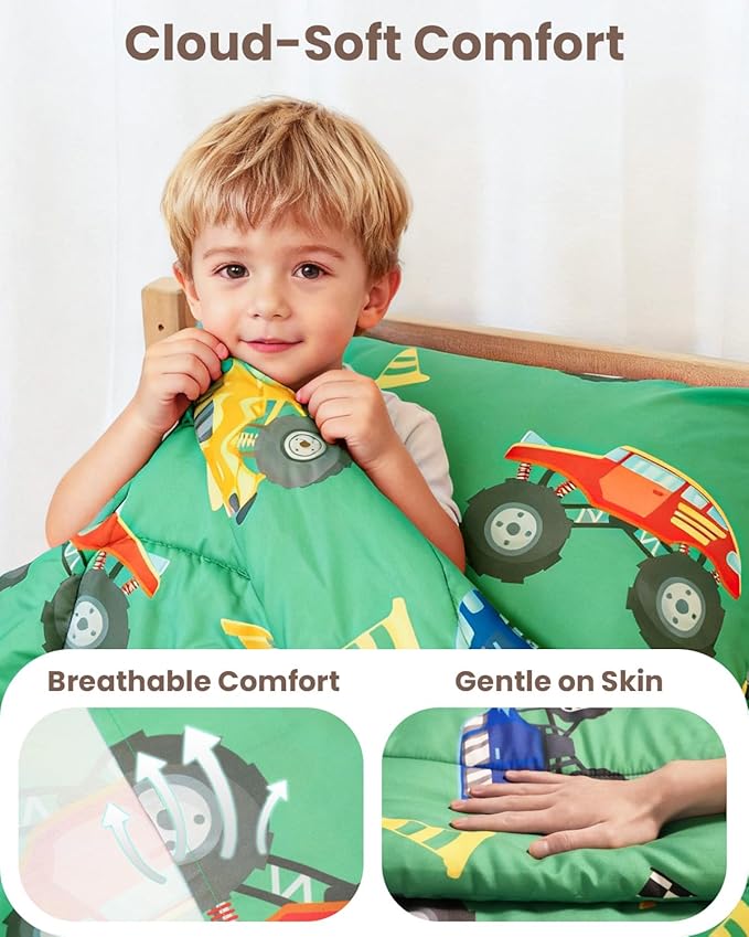 TinyPalsa Toddler Bedding Set, 4-Piece Green Truck Comforter Set for Girls and Boys, Breathable Crib Bedding Includes Ultra-Soft Quilt, Flat and Fitted Sheets, and Reversible Pillowcase