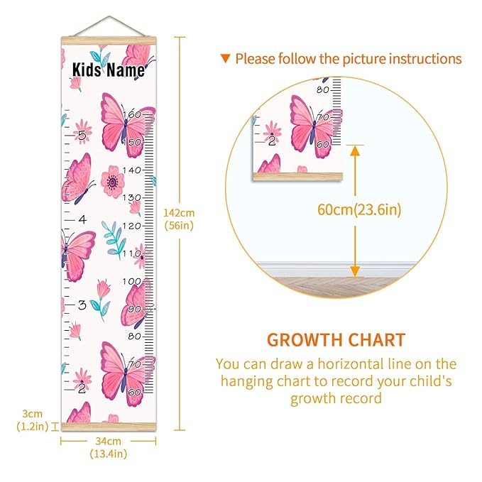 Personalized Kids Name Growth Chart Ruler for Wall Wood Frame Height Measure Chart 13.4x56 in Linen Hanging Height Growth Chart Pink Butterfly & Flower Kids Room Decor