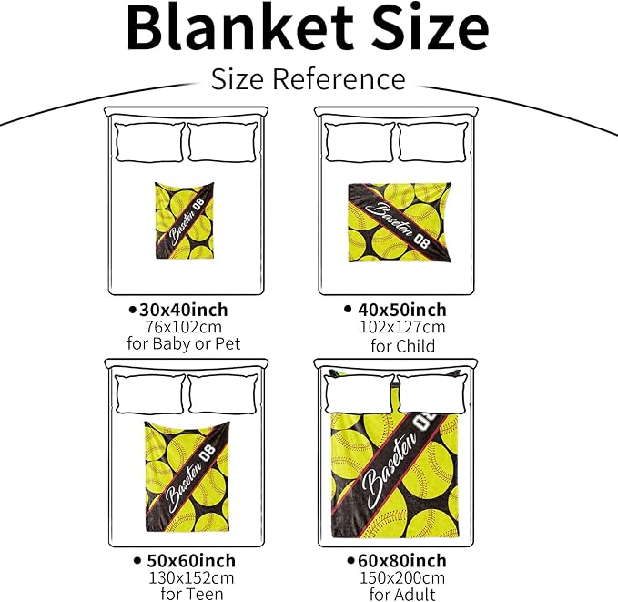 Personalized Softball Baby Blanket Gifts: Custom Soft Flannel Fabric Blankets with Name Number for 0-6 Years Kids Boys Girls - Warm and Comfortable(60X80inch)