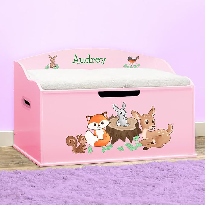 DIBSIES Personalized Creative Wonders Toy Box, Woodland Creatures, 30 x 19.25 x 18 inches, Soft-Close Lid (Pink)