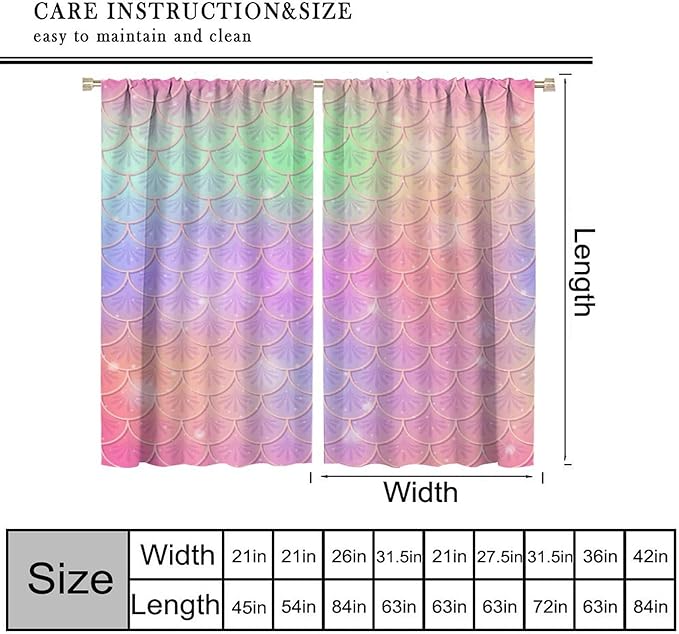 Mermaid Curtains, Kids Cartoon Watercolor Sea Animals Mermaid Princess Scales Pattern Print Living Room Decoration for Kids Girls Bedroom Nursery 42x54 Inch