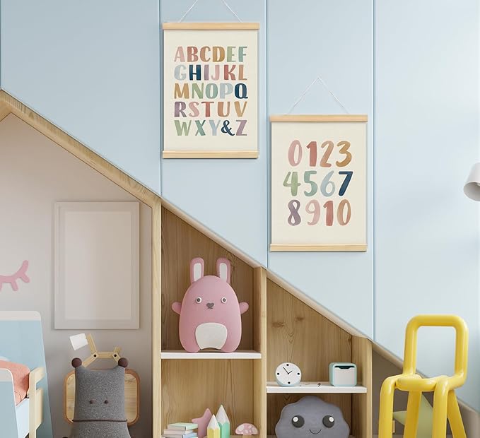 foedor Alphabet Numbers Poster Framed, Nursery ABC Wall Decor Poster Hanger Frame,Hanging Banner Decor for Nursery Toddler Girls Room Play Room, 12x16 Inch, Set of 2
