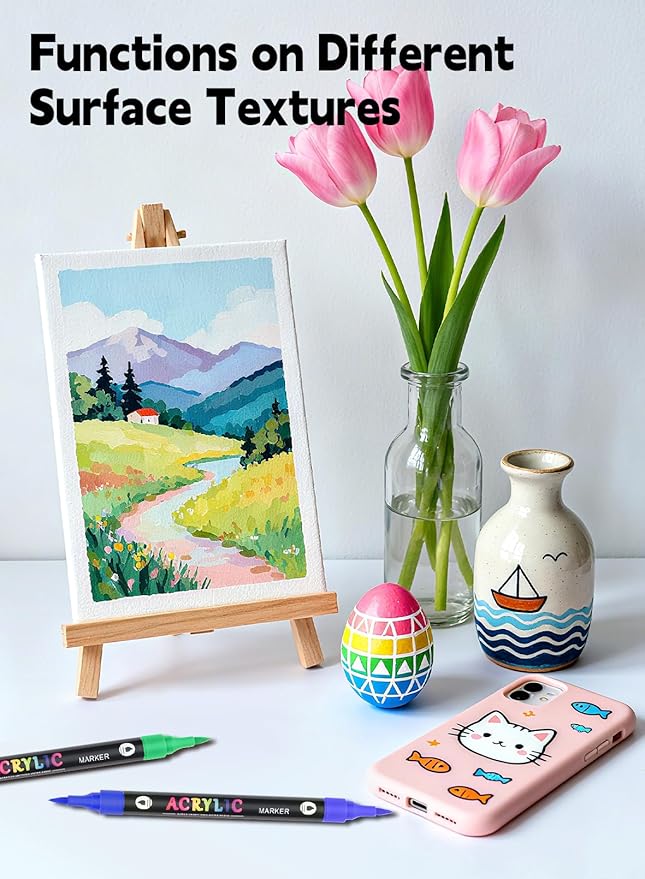 120 Colors Acrylic Paint Markers with 60 Dual-Color Brush Tips, Double Tips Acrylic Paint Pens for Rocks, Eggs, Wood, Rock, Canvas, Plastic, Glass, Ceramic