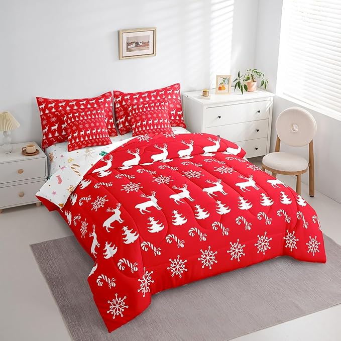 Erosebridal Christmas King Bedding Set 7 Piece,Xmas Elk Deer Bed in A Bag,Winter Snowflake Comforter Set Candy Pine Tree Sheet Set with Comforter,Red Christmas Decoration