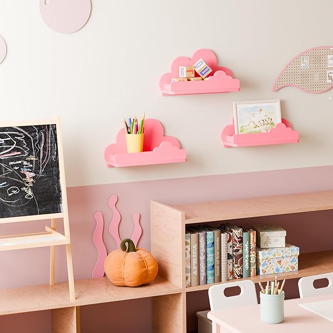 Cloud Shelves for Kid’s Room Nursery Wall Deor Set of 3, Pink Cloud Bookshelf, Small Figure Shelf Wall Mounted, Cute Decorative Solid Wood Floating Shelves for Toys, Plants & Storage