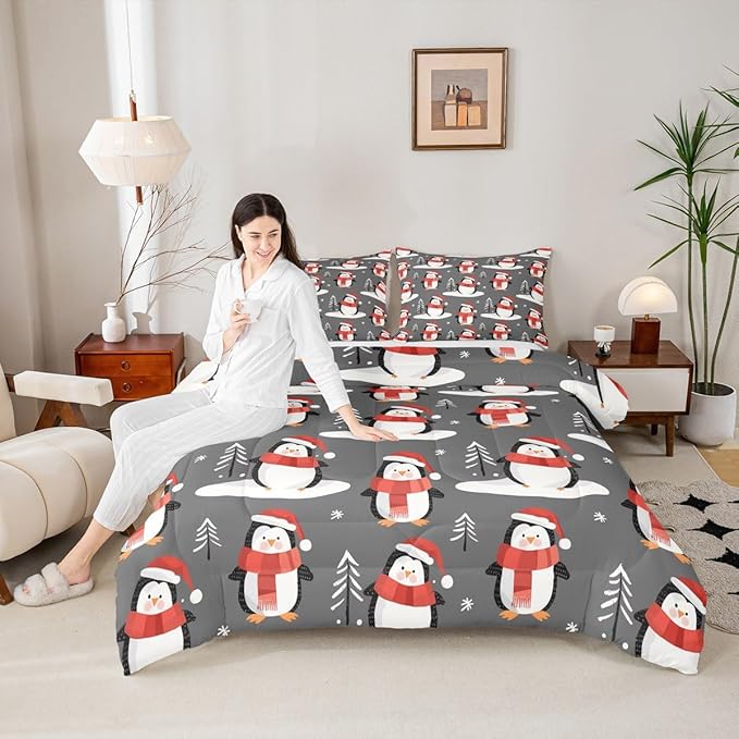 Feelyou Christmas Comforter Set All Season Penguin Bedding Set with 2 Pillow Cases Snowflake Microfiber Kids King Bedclothes Pine Tree Bedroom Decor Duvet Quilt Breathable Soft Lightweight