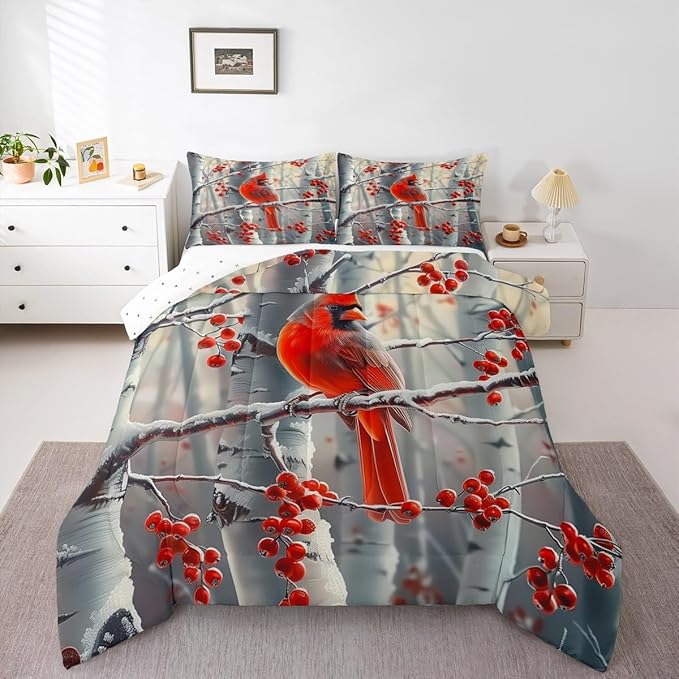 jejeloiu Kids Red Cardinal Comforter Set Twin Size Christmas Theme Bedding Set for Boys Girls Teens Xmas Birds Winter Rustic Country Farm Animal Duvet Quilt Room Decor