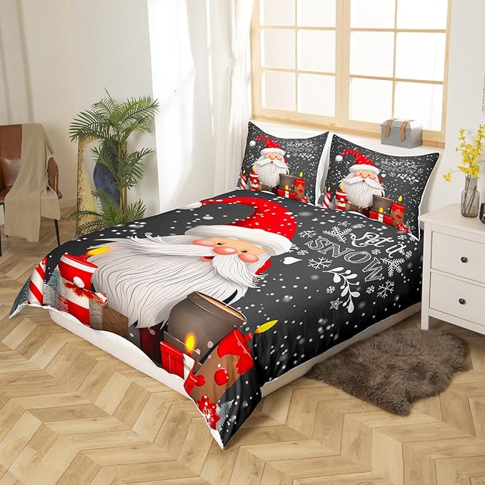 Christmas Duvet Cover Set Full Size Santa Claus with Candles and Gift Boxes Print Bedding Set 3pcs for Kids Boys New Year Theme Comforter Cover Winter Snow Quilt Cover with 2 Pillowcases,No Comforter