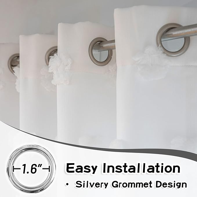 MYSKY HOME White Curtains for Living Room 90 Inches Long Nursery Curtains for Bedroom Double Layer Curtains White Pom Pom Sheer Curtains for Dining Room Grommet Room Darkening Window Panels W52 X L90