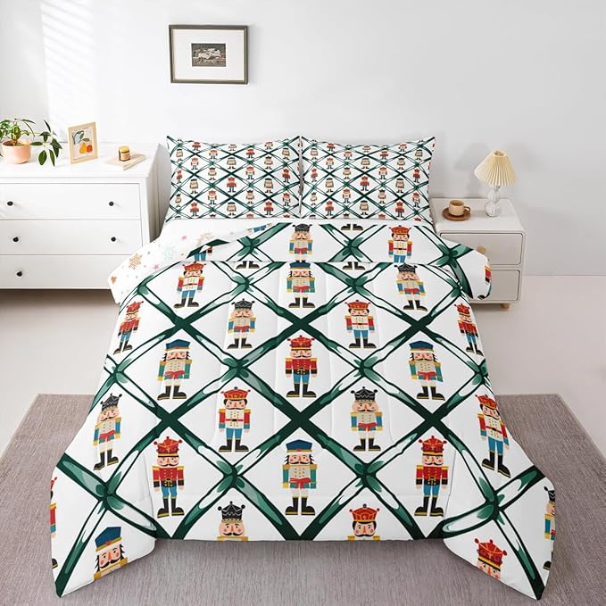 Feelyou Cute Nutcracker Bedding Set Soft for Boys Girls,Green Lattice Pattern Comforter Set Full Size Colorful Duvet Quilt Microfiber Funny Soldier Bedroom Decor Kawaii 3 Pcs with 2 Pillow Cases