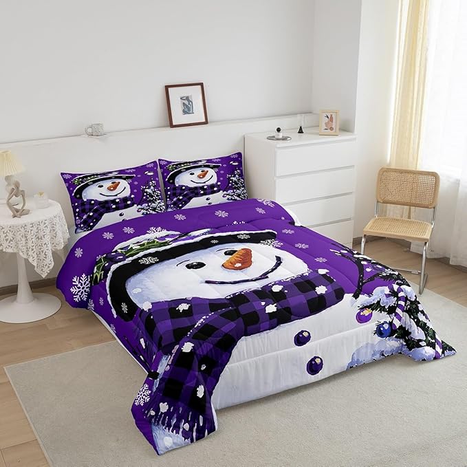 Feelyou Kids Christmas Theme Decorations Bedding Set Xmas Snowman Comforter Set for Boys Girls Snowflake Kawaii Cute Purple Bedroom Collection King Size