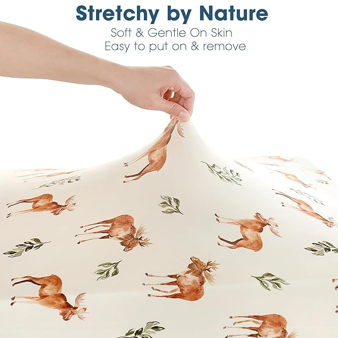 GRSSDER Stretchy Ultra Soft Jersey Knit Pack and Play Sheets 2 Pack, Portable/Mini Crib Sheets Universal Fitted for Playpen Mattress Safe and Snug, Cute Elk Animals Print